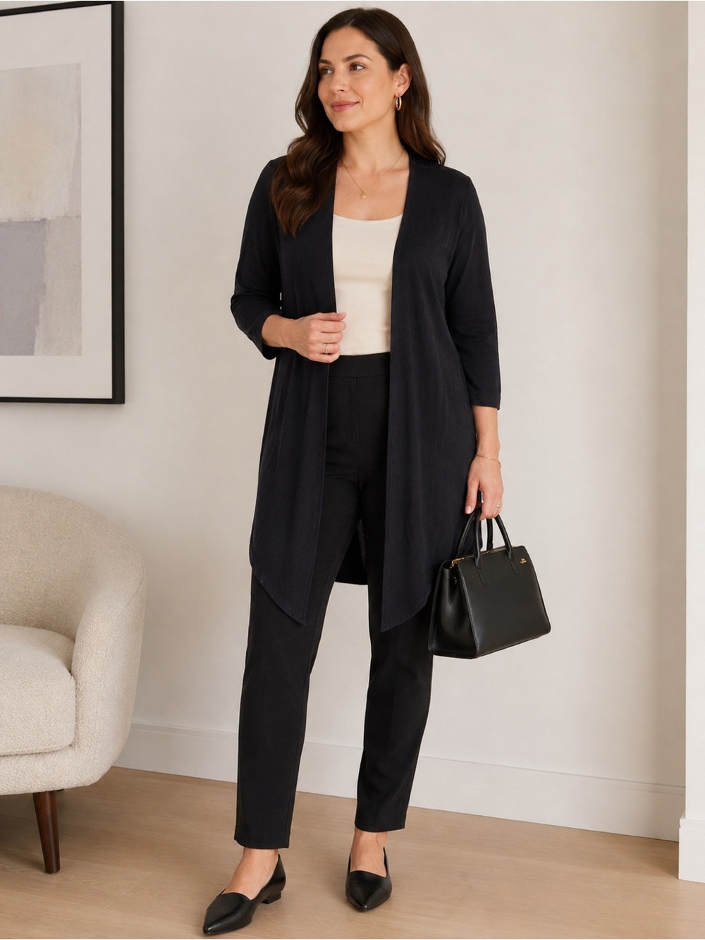 Chico's Traveler Open Front Cardigan Jacket 1 Medium Black Draped Long In Front